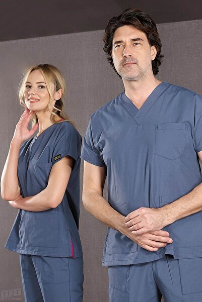 ÇİZGİ MEDİKAL Petrol Mavi Doktor Hemşire Forması Scrubs Dr Greys Likralı Takı...