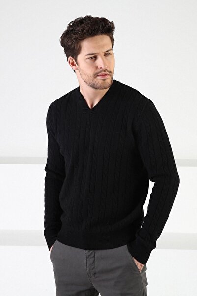 Ferraro Siyah V Yaka %100 Kuzu Yünü Erkek Kazak