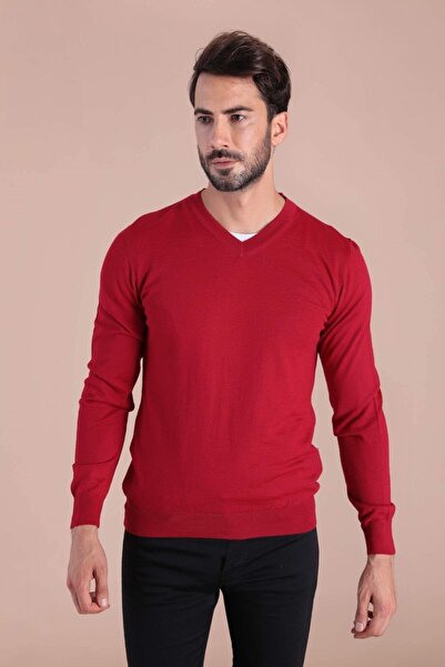 Ferraro Men's Red V-Neck Superfine Wool Sweater