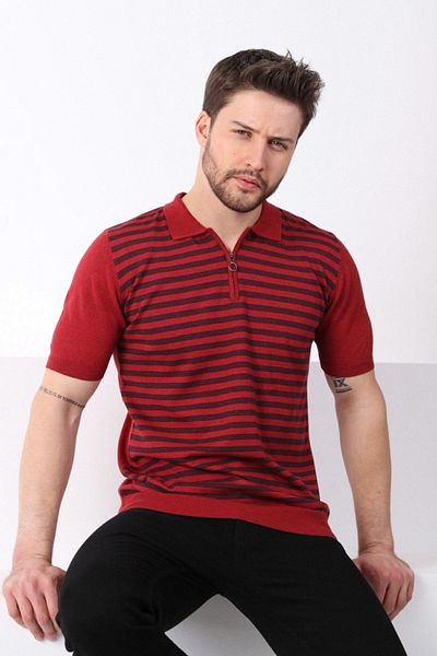 Ferraro Tricou tricot pentru bărbați, 100% bumbac, guler polo, cu fermoar
