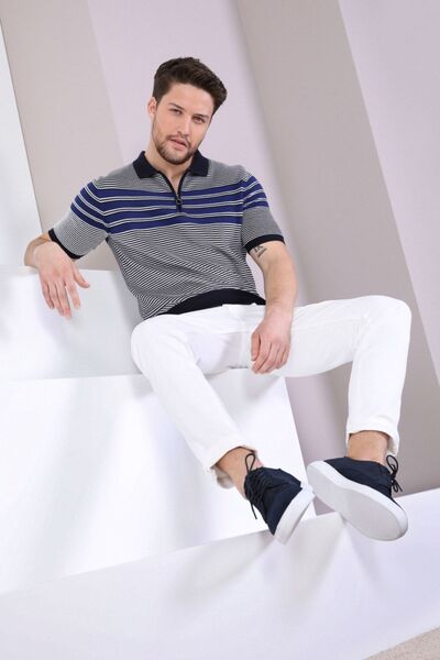 Ferraro تيشيرت رجالي محبوك من القطن 100% مع ياقة بولو بحرية / بحرية وسحاب