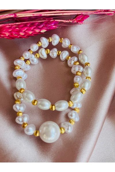 COCOSH TAKI Special Design - White and Pearl Gold Detailed Elastic Bracelet