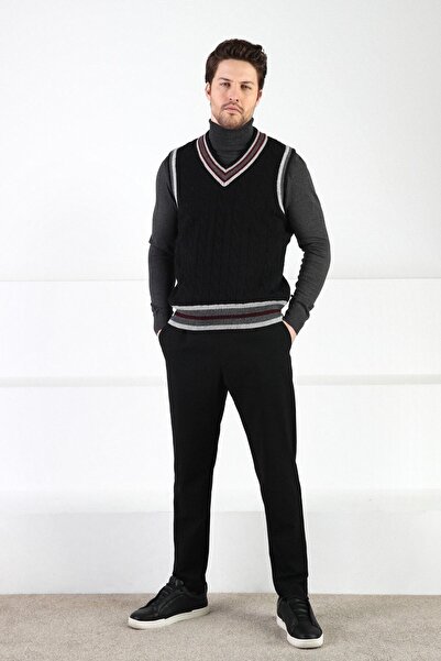 Ferraro Black Knitted Patterned V-Neck Wool Men's Sweater