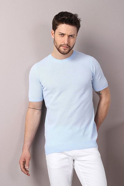 Ferraro A.albastru/alb Tricou tricotat pentru bărbați, 100% bumbac, cu model cu ochiuri