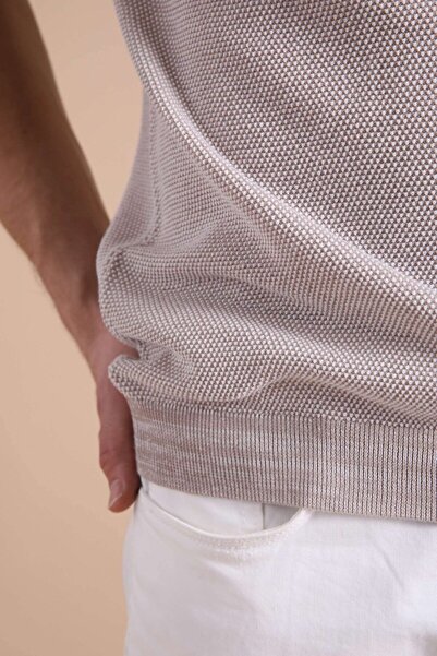 Ferraro A.beige/nescafe Eyelet Patterned Crew Neck 100% Cotton Men's Knitwear T-shirt