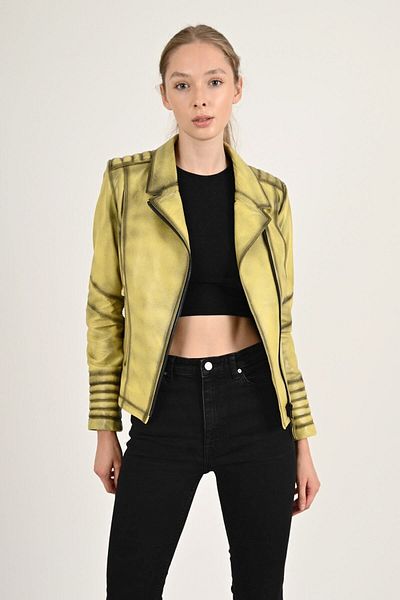 ALİN Alexa Yellow Genuine Leather Women's Biker Coat