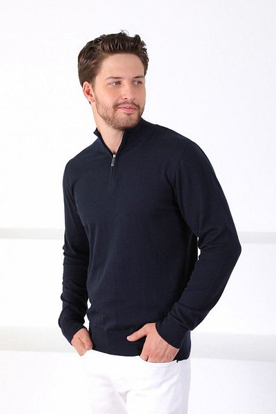 Ferraro Ανδρικό πουλόβερ μονόχρωμο μπλέ Navy Stand Collar 100% βαμβάκι