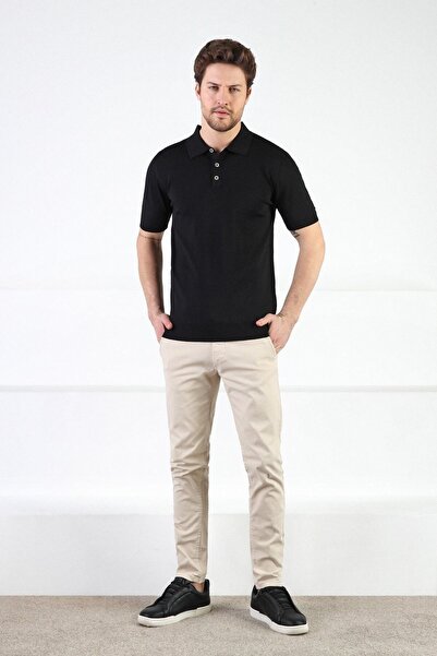 Ferraro Black Buttoned Polo Collar Viscose Men's Knitwear T-shirt