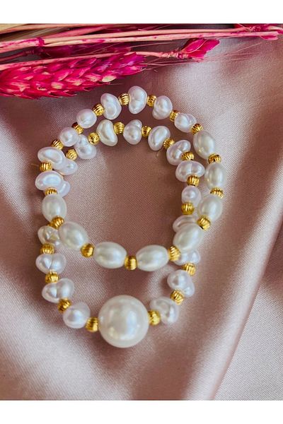 COCOSH TAKI Special Design - White and Pearl Gold Detailed Elastic Bracelet