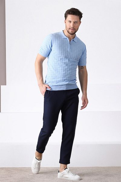 Ferraro Tricou pentru bărbați, 100% bumbac, cu fermoar, cu guler polo albastru