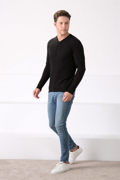 Ferraro Erkek Siyah V Yaka  Pamuk Kazak