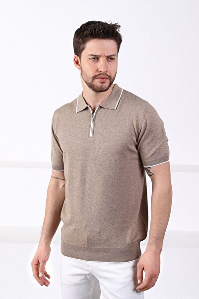 Ferraro Beige Collar Stripe Zippered 100% Cotton Men's Knitwear T-shirt