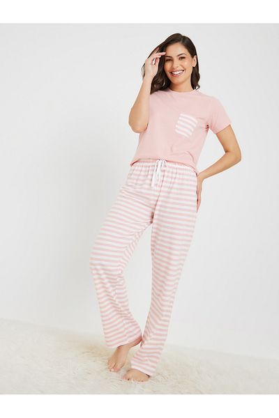 Styli Cotton Striped Pocket T-Shirt & Pyjama Set