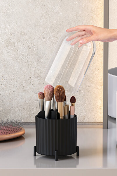 Pufwin Home فرشاة مكياج زيبرا ومنظم صحي بغطاء شفاف - منظم مستحضرات التجميل
