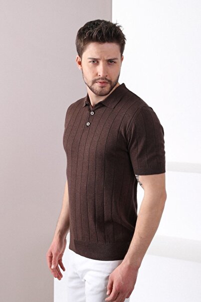 Ferraro Καφέ Polo Collar κοτλέ 100% Βαμβάκι Ανδρικό πλεκτό μπλουζάκι