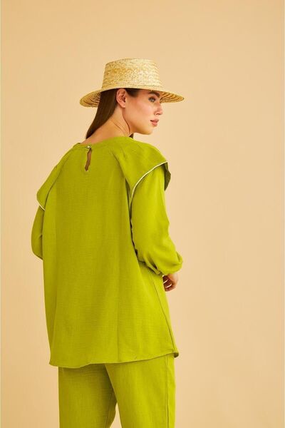 Basicpark Eles Shoulder Stoned Sleeves Gathered Linen Olive Tunic Trousers Set