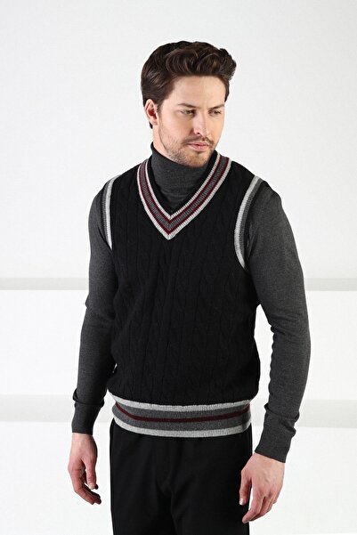 Ferraro Black Knitted Patterned V-Neck Wool Men's Sweater