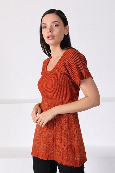 Ferraro Tricot de damă portocaliu cu gât rotund și talie cu șnur