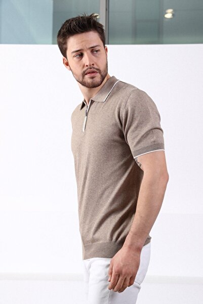 Ferraro Beige Collar Stripe Zippered 100% Cotton Men's Knitwear T-shirt