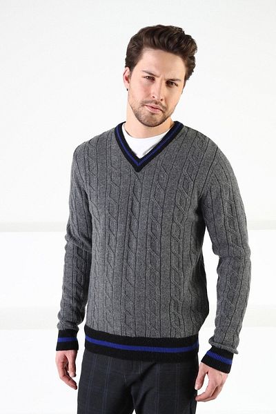 Ferraro Ανδρικό πουλόβερ καπνιστό/μαύρο V-Neck 100% Lamb Wool