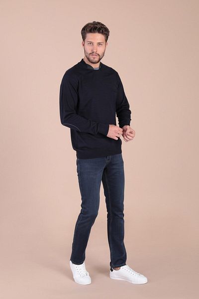 Ferraro Ανδρικό πουλόβερ Navy Blue Crew Neck Superfine μάλλινο πουλόβερ -