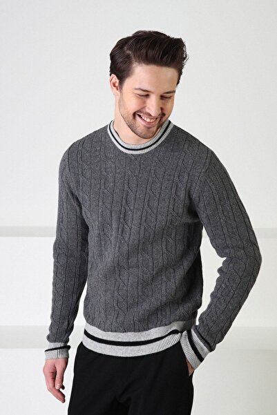 Ferraro Smoked/a.gray Crew Neck 100% Lamb Wool Men's Sweater