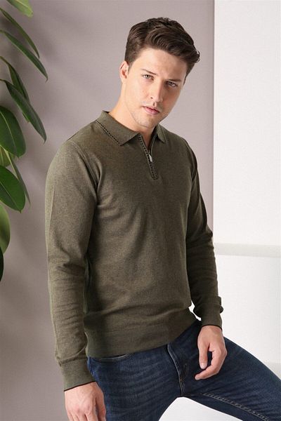 Ferraro Ανδρικό πουλόβερ με φερμουάρ Khaki Polo Collar 100% βαμβάκι