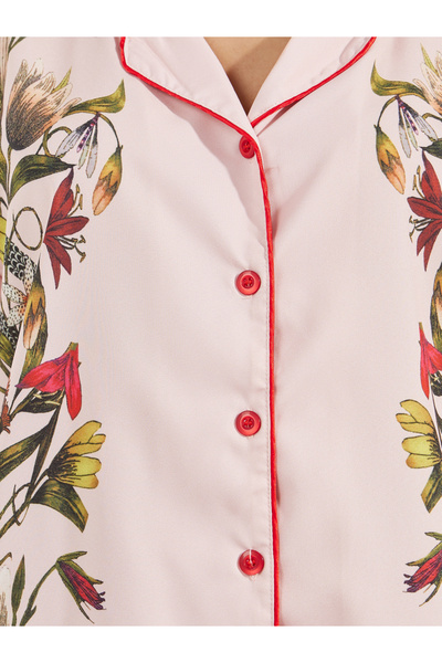 Styli Satin Floral Print Piped Trim Detail Shirt & Pyjama Set