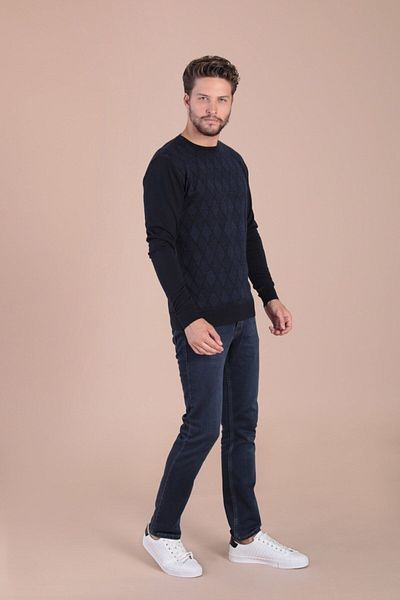 Ferraro Ανδρικό πουλόβερ με λαιμόκοψη Navy Blue Superfine Wool