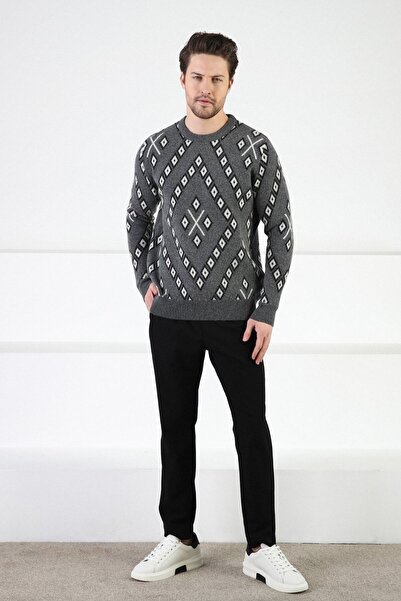 Ferraro Füme Kare Desenli Bisiklet Yaka %100 Kuzu Yünü Erkek Kazak