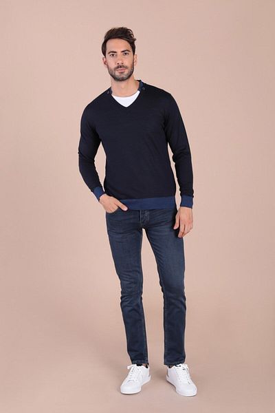 Ferraro Ανδρικό πουλόβερ Navy Blue V-Neck Superfine Wool