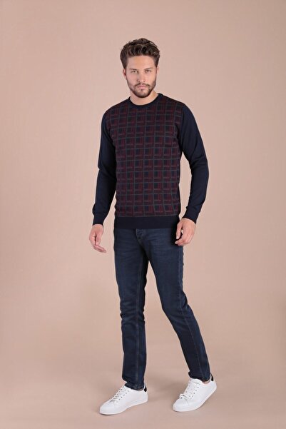 Ferraro Pulover de lână superfină pentru bărbați, albastru bleumarin