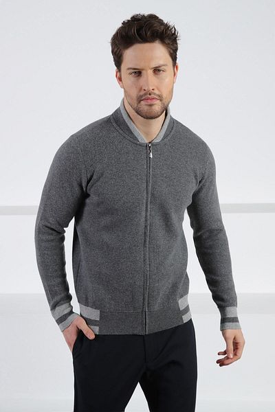 Ferraro Anthracite Bomber Collar Cashmere Men's Knitwear Cardigan
