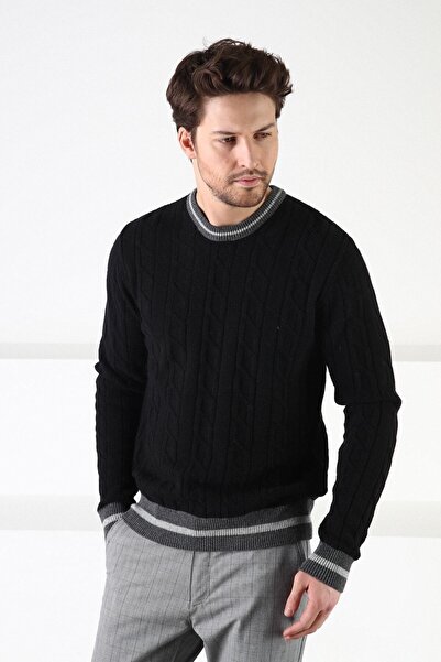 Ferraro Siyah/füme Bisiklet Yaka %100 Kuzu Yünü Erkek Kazak