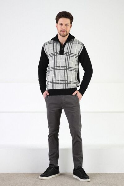 Ferraro Siyah Fermuarlı Dik Yaka %100 Kuzu Yünü Erkek Kazak