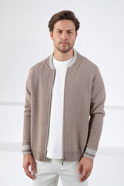 Ferraro Ανδρική πλεκτή ζακέτα με γιακά Bomber Beige Bomber Cashmere