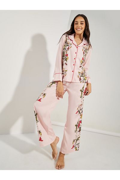 Styli Satin Floral Print Piped Trim Detail Shirt & Pyjama Set