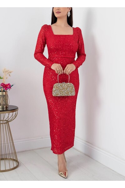 Phoenix Women Sequined Square Collar Evening Dress