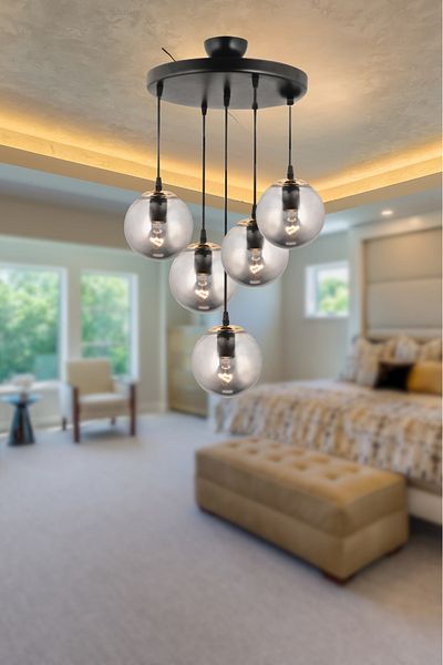 Kraliçe Pendant Lamp Tray Black 5-Piece Smoked Globe Glass Flat Downward Facing Luxury Chandelier