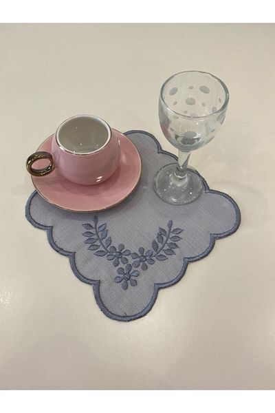 İNCİ ÇEYİZ 6 Pieces of Linen Fabric Embroidered Coffee Side Cocktail Napkin & Coasters