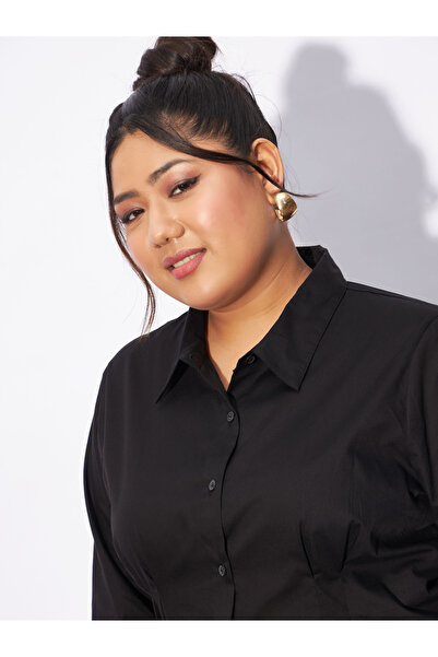 Sassafras By Styli Plus Poplin Pleated Slim Waist Shirt