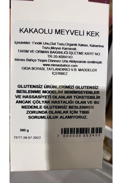 Mimas BAHÇE Kakaolu Meyveli Kekun Glütensiz,şekersiz,katkısız 390 Gr.