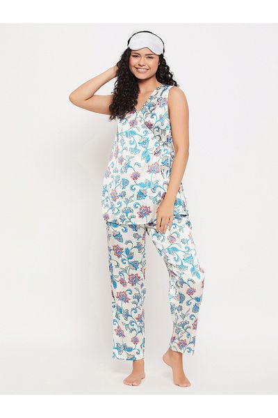 Clovia By Styli Satin Floral Print Angrakha Top & Pyjama Set