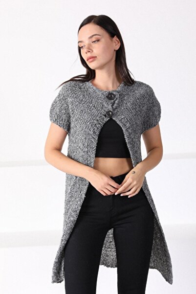 Ferraro Women's Gray Round Neck Long Knitwear Cardigan