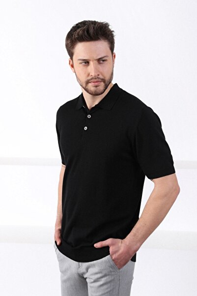 Ferraro Black Polo Collar Solid Color 100% Cotton Men's Knitwear T-Shirt
