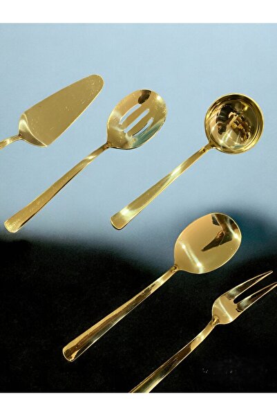 Aslı Hediyelik 5 Pieces Stainless Steel Gold Colander, Ladle, Shovel, Fork, Spoon Serving Set - Dowry Box