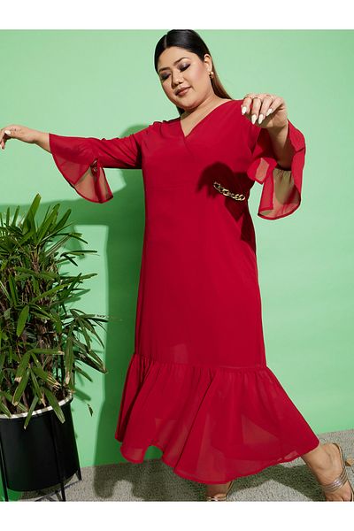 Sassafras By Styli Chain Accent Tiered Wrap Dress with Bell Sleeves