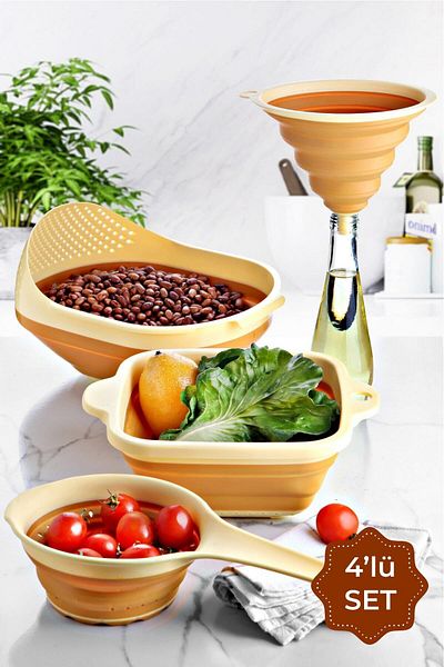 Vienev 4 Piece Yellow Accordion Strainer Set - Brass, Funnel & Handle and Square Design