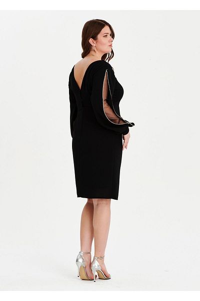 EVEN plus size Stone Detailed Black Crepe Plus Size Evening Dress