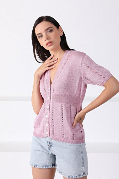 Ferraro Women's Pink V-Neck Buttoned Women's Knitwear Cardigan